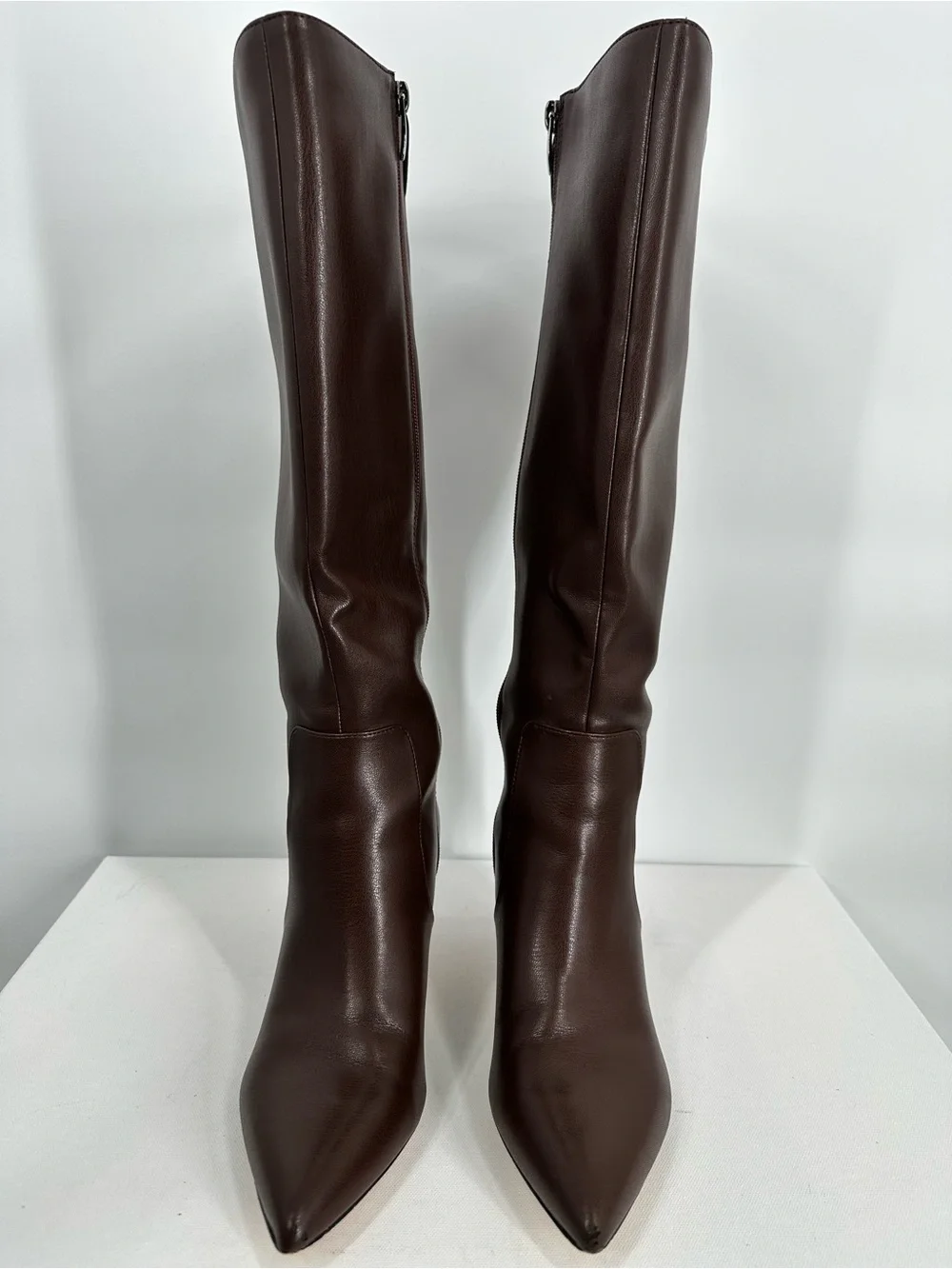 Women Faux Leather Chocolate Brown Pointed Knee High Boots Kitty Heels Size 6.5